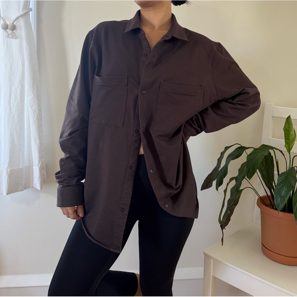 Lululemon Stretch French Terry Snap Button Brown Overshirt Chest Pocket Size L - Picture 11 of 15